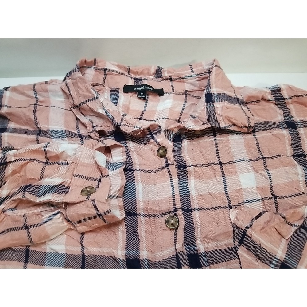Ambiance Womens Plaid Flannel Button Up Roll Tab Sleeve Shirt Pink Medium